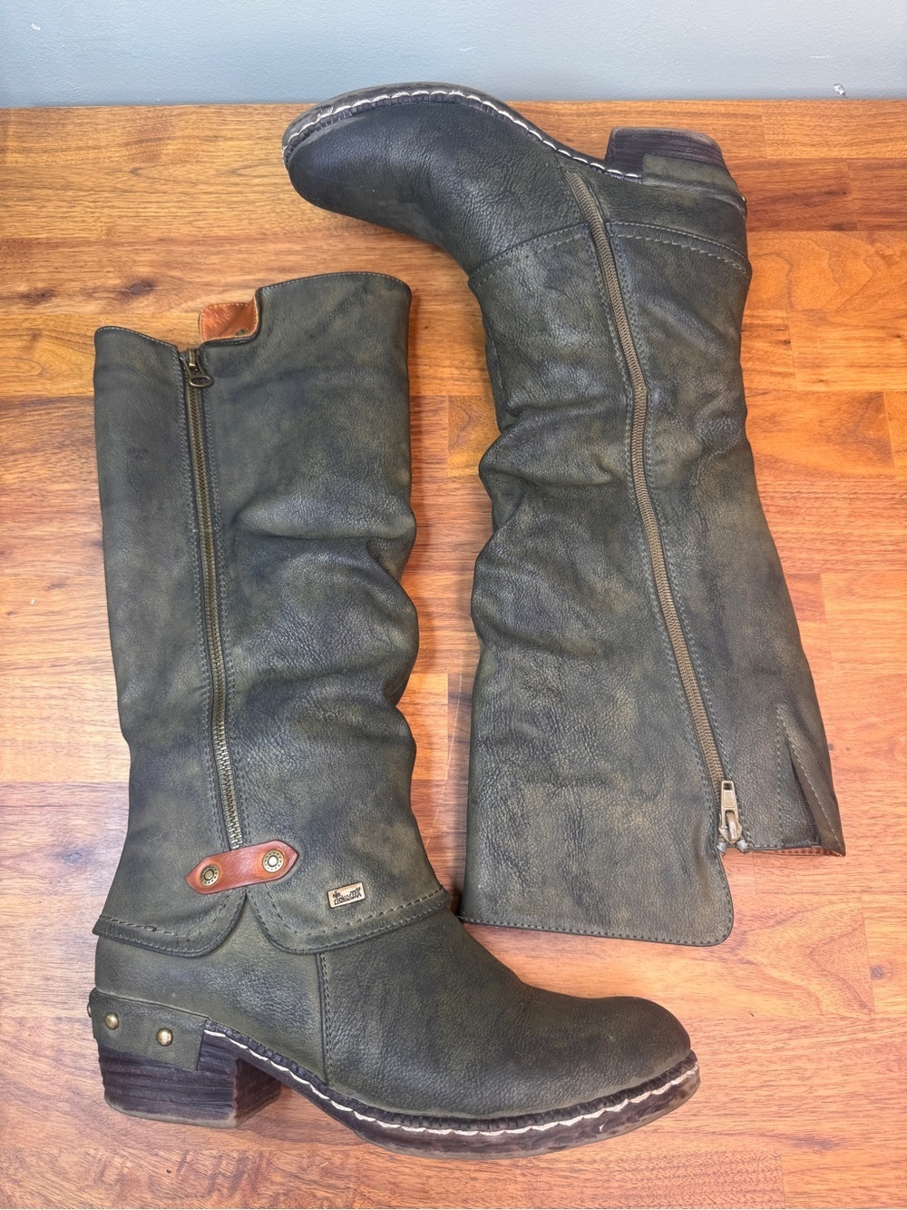 Reiker 93655 Knee High Casual Boot Slouchy Dark Olve Green Shearling Size 38